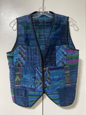 Hand Crafted Vintage Boho Blue Multicolor Patchwork Vest
